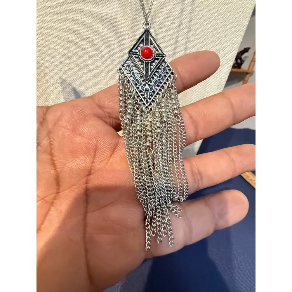 Vintage Western Silver Tone Red Cabochon Tassel Necklace 36” + 2”
